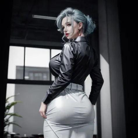 RAW photo, caucasian woman walking, office hall, CEO, white wall, grey table, plant, blurry background, Frustration, Layered curls, Pastel blue hair color, Blood-red lip with a glossy finish, absurd res, milf, mature woman, feminine, firm breasts, (business outfit:1.2), blazer, shirt, tight skirt, earrings, Pear-shaped (narrow shoulders, wider hips), from back, (tight ass), detailed skin, skin blemish, sharp focus, beautiful eyes, (analog style:1.2), (film grain:1.2), (high detailed skin:1.2), 8k uhd, dslr, soft lighting, high quality, film grain, Fujifilm XT3, perfect lighting, perfect shading,
<lora:add_detail:0.8>, <lora:ARWCyberpunkInterior:0.9>, <lora:EgirlPLFW:1>, <lora:urbansamuraiv3testing:0.6>, <lora:LowRA:0.6>, <lora:Loraeyes_V1:0.6>,