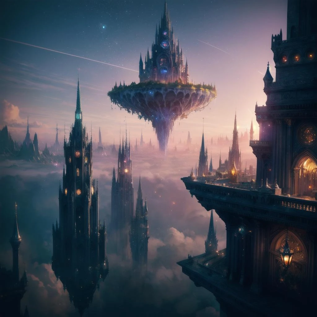 fantasy concept art, floating magic city, 8k high detail, abstract dream, space, intricate, grand scale, alone, cinematic film still, insane detail, sharp focus, depth of field, realistic lighting, (realistic perspective), complex, (multiple subjects), 4k HDR,<lora:add_detail:0.5>,<lora:more_details:0.25>,
<lora:add_detail:.4>, <lora:fansty world_20230601105102:.4>,