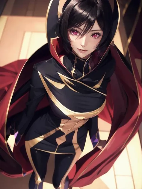 <lora:Code Geass - Lelouch @ lelouch lamperouge:1> , lelouch lamperouge , black dress, zero (code geass),(red glowing eye), purple suit, black cape,
(RAW photo, best quality), (realistic, photo-realistic:1.3), (masterpiece:1.5, best quality), an extremely delicate and beautiful, extremely detailed, CG, unity , 2k wallpaper, finely detail, extremely detailed CG unity 8k wallpaper, ultra-detailed, highres , absurdres , Amazing, finely detail, realistic, (real picture, intricate details, depth of field),
happy emotion, soft light, beautiful detailed girl, detailed fingers, extremely detailed eyes and face, beautiful detailed nose, beautiful detailed eyes, long eyelashes, looking at viewer, 1girl, cute, young, realistic face, realistic body, realistic skin texture, light pink dress, happy smile, dynamic posture, perfect(face ,eyes ,nose),
(Full body:1.3), huge breasts, thick thighs, wide hips, small waist, tall, glossy pink lips, red eyes, blushing, cleavage, elegant, slender figure,
