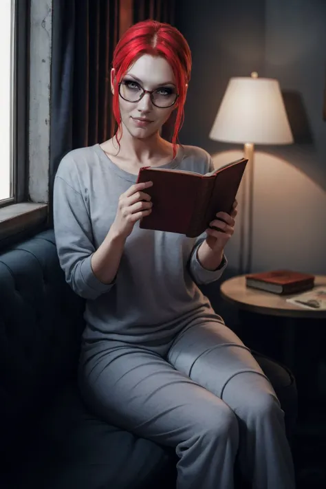 <lora:VV-10:0.7>, velvetVTMB_soul3142, 1girl, red hair, pale skin, glasses, makeup, grey eyes, sitting, pyjamas, sitting, book in hand, mug in hand, dim light, indoors,
<lora:LowRA:0.6>