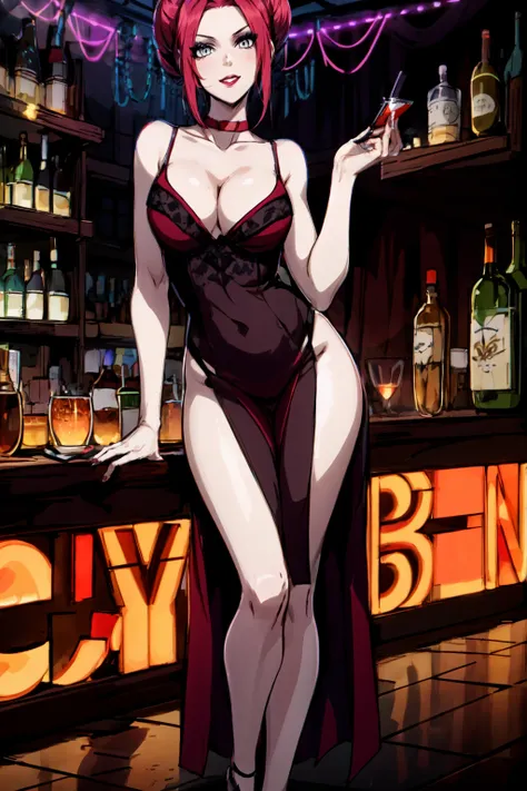 <lora:VV-10:0.8>, velvetVTMB_soul3142, 1girl, dress, choker, makeup, red choker, lipstick, hair bun, red lips, single hair bun, looking at viewer, grey eyes, cowboy shot, club background, bar, lights