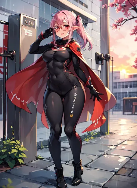 ((best quality)), ((highly detailed)), masterpiece, extremely detailed face, beautiful face, , <lora:more_details:.2>, (1girl), (glasses), dynamic pose, full body, superhero, spandex bodysuit, skin tight clothes, long cape, gloves, knee boots, (flying), smile, (outside, <lora:school_outdoors_v0.2:1>, at a school, building, gate, fence, sunset, raining), <lora:XeeXeXe_v3:1>, xexexestl