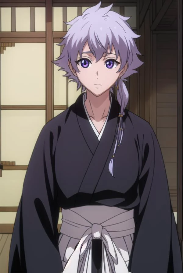 isanekotetsu, <lora:isanekotetsuv2-lora-nochekaiser:1>,
isane kotetsu, short hair, braid, purple hair, (purple eyes:1.1), hair braid,
BREAK long sleeves, japanese clothes, kimono, haori, black kimono, hakama, black hakama,
BREAK indoors,
BREAK looking at viewer, (cowboy shot:1.5),
BREAK <lyco:GoodHands-beta2:1>, (masterpiece:1.2), best quality, high resolution, unity 8k wallpaper, (illustration:0.8), (beautiful detailed eyes:1.6), extremely detailed face, perfect lighting, extremely detailed CG, (perfect hands, perfect anatomy),