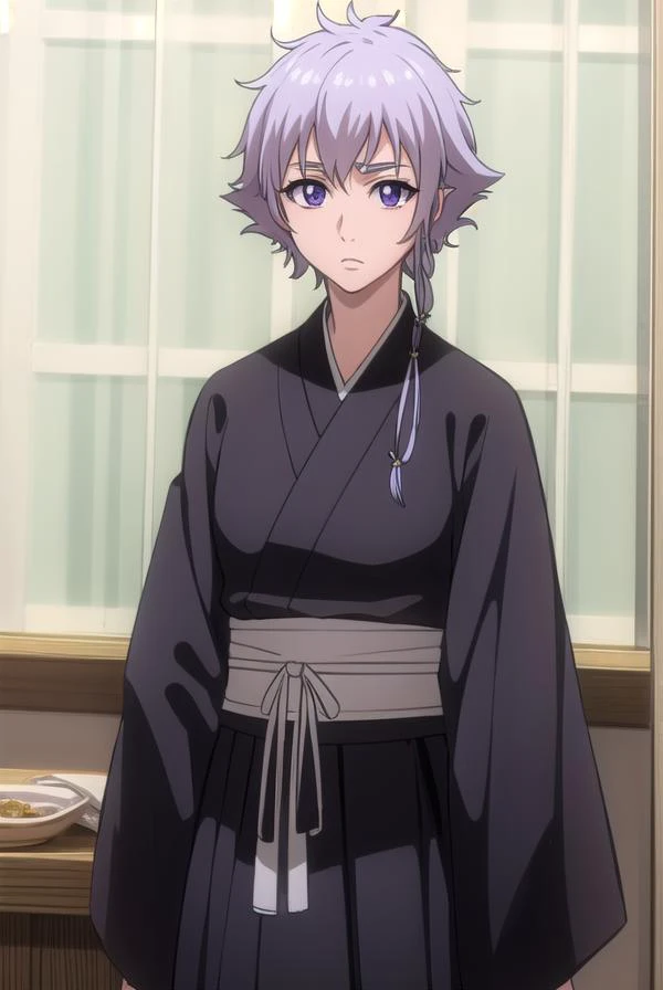 isanekotetsu, <lora:isanekotetsu-lora-nochekaiser:1>,
isane kotetsu, short hair, braid, purple hair, (purple eyes:1.1), hair braid,
BREAK long sleeves, japanese clothes, kimono, haori, black kimono, hakama, black hakama,
BREAK indoors,
BREAK looking at viewer, (cowboy shot:1.5),
BREAK <lyco:GoodHands-beta2:1>, (masterpiece:1.2), best quality, high resolution, unity 8k wallpaper, (illustration:0.8), (beautiful detailed eyes:1.6), extremely detailed face, perfect lighting, extremely detailed CG, (perfect hands, perfect anatomy),