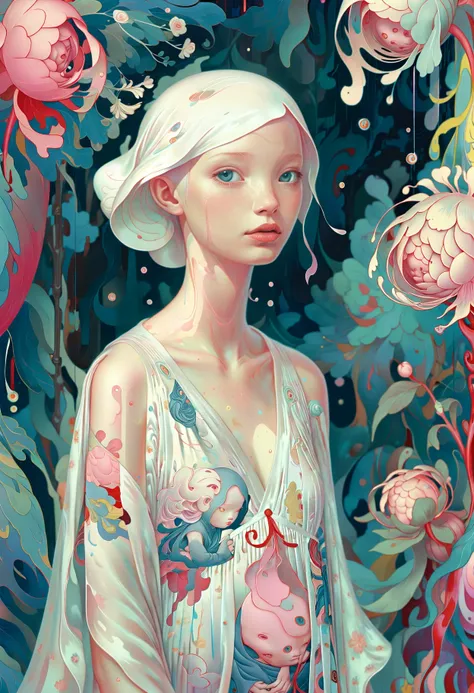 cinematic film still surrealist art digital art, best quality, Asymmetrical (jamesjean, illustration, painting:1.3) , Speaking in public, dressed in Nightgown with robe, her Nightgown with robe with a V-neck neckline, Contrapposto, Bald hair, New Wave Tie, Smoky Conditions, L USM, painterly, "Digital Art Masterpiece: A James Jean Illustration - The Artist's Nighttime Revelations in Public." . dreamlike, mysterious, provocative, symbolic, intricate, detailed . shallow depth of field, vignette, highly detailed, high budget, bokeh, cinemascope, moody, epic, gorgeous, film grain, grainy