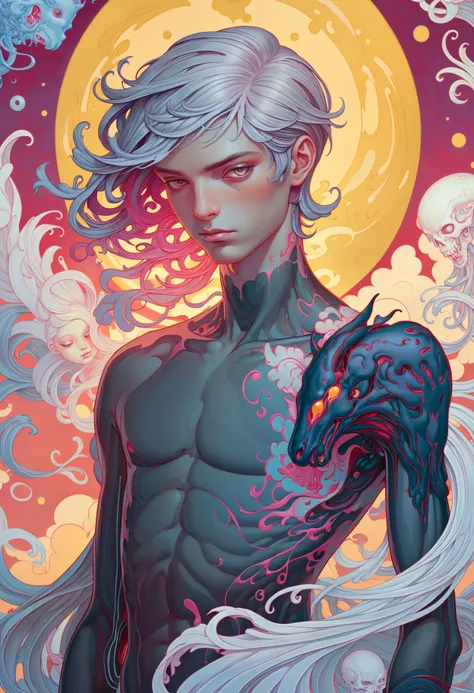 ethereal fantasy concept art of surrealist art art by Anne Stokes, painting, large jamesjean, illustration, painting, the Man is Lo-Fi and Liquid, with Obsidian skin, his hair is Gray, at Golden hour, behance, Goth Art, F/2.8, Unsplash, A captivating oil painting by Anne Stokes portrays a man with Obsidian skin and gray hair at golden hour. The artist uses F/2.8 for depth and contrast in the artwork. The overall composition gives off a Gothic vibe. Behance features this large James Jean illustration as part of their showcase. Golden hour lighting enhances the dramatic effect of the painting. Unsplash assistant has rated this piece highly due to its artistic value. This masterpiece is truly a work of art. . dreamlike, mysterious, provocative, symbolic, intricate, detailed . magnificent, celestial, ethereal, painterly, epic, majestic, magical, fantasy art, cover art, dreamy