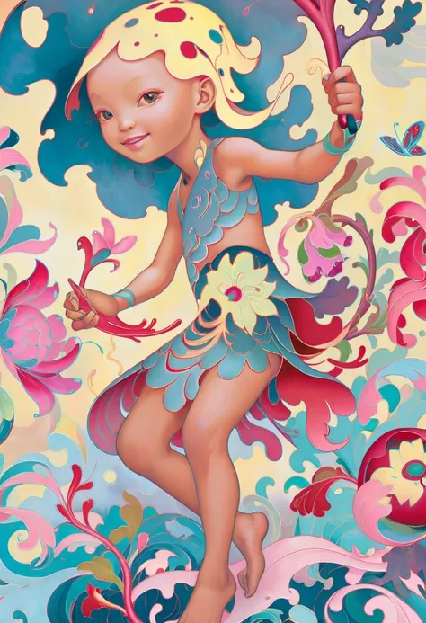 JamesJean; ethereal fantasy concept art of  surrealist art Joyful painting capturing the essence of a Micronesian JamesJean Vagabond in a vibrant, psychedelic style. The artist skillfully uses vivid colors to create a surrealistic scene that showcases the unique beauty of the subject. In this side view shot, we see not only the enchanting expression on her face but also glimpses of her homely surroundings. The overall composition is both mesmerizing and inspiring.  . dreamlike, mysterious, provocative, symbolic, intricate, detailed . magnificent, celestial, ethereal, painterly, epic, majestic, magical, fantasy art, cover art, dreamy