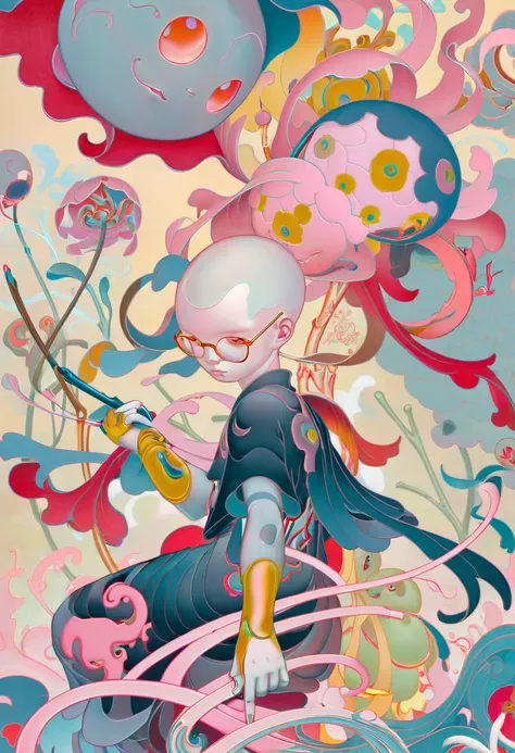 JamesJean; Illustration, Painting,breathtaking surrealist art The opulent JamesJean is depicted in his signature style, creating an illustration with a painting technique reminiscent of Ronin. The intellectual artist is bald, wearing glasses and exhibiting a thoughtful expression. Intricate details such as halation and embroidery can be seen throughout the artwork. The assistant stands behind the artist, observing closely. The overall atmosphere exudes an air of sophistication and expertise. This stunning piece of art captures the essence of JamesJean's remarkable talent and dedication to his craft.  . dreamlike, mysterious, provocative, symbolic, intricate, detailed . award-winning, professional, highly detailed