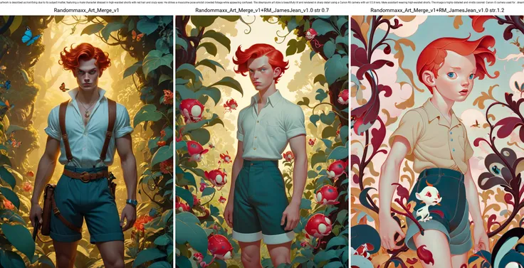 JamesJean; cinematic photo surrealist art A stylized depiction of (Classic Disney), a photograph of (James Jean of Temperance). The artwork is described as horrifying due to its subject matter, featuring a male character dressed in high-waisted shorts with red hair and crazy eyes. He strikes a masculine pose amidst crowded foliage while appearing confused. The steampunk art style is beautifully lit and rendered in sharp detail using a Canon R5 camera with an f/2.8 lens. Male assistant wearing high-waisted shorts. The image is highly detailed and vividly colored. Canon r5 camera used for . dreamlike, mysterious, provocative, symbolic, intricate, detailed . 35mm photograph, film, bokeh, professional, 4k, highly detailed