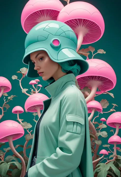 JamesJean; cinematic photo cinematic film still In the center of the frame, a woman dressed in a Vaporwave fashion style coat stands meditatively with her head bowed low. The Brazilian Moss helmet she wears adds a touch of mystery to her persona. Her surroundings seem dark and moody, creating an atmosphere of seriousness and concentration. In focus is a Canon RF camera capturing this moment from a unique angle. The depth of field used in this shot is 270mm, enhancing the overall composition of the image. This piece is inspired by M.C. Escher's work and features James Jean as its artist. . shallow depth of field, vignette, highly detailed, high budget, bokeh, cinemascope, moody, epic, gorgeous, film grain, grainy . 35mm photograph, film, bokeh, professional, 4k, highly detailed