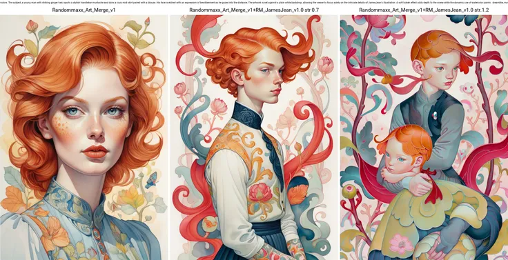 JamesJean; Illustration, Painting,breathtaking surrealist art A regal portrait of JamesJean's character, rendered in vibrant watercolors. The subject, a young man with striking ginger hair, sports a stylish handlebar mustache and dons a cozy midi skirt paired with a blouse. His face is etched with an expression of bewilderment as he gazes into the distance. The artwork is set against a plain white backdrop, allowing the viewer to focus solely on the intricate details of JamesJean's illustration. A soft bokeh effect adds depth to the scene while the dynamic use of watercolor paints . dreamlike, mysterious, provocative, symbolic, intricate, detailed . award-winning, professional, highly detailed