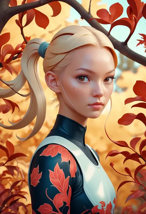 JamesJean; cinematic photo cinematic film still A stylized portrait of Rudy Siswanto, captured in a photograph titled "Ludicrous" by James Jean. The image portrays a person with a ponytail hairstyle amidst fall vegetation during autumn. The person is set against a horizon-centered backdrop, creating a captivating contrast with their vibrant attire. Shot using a Fujicolor C200 camera and a 80mm lens, the photo showcases vivid colors and a surreal design, reminiscent of concept art. The overall composition is asymmetrical and still, ev . shallow depth of field, vignette, highly detailed, high budget, bokeh, cinemascope, moody, epic, gorgeous, film grain, grainy . 35mm photograph, film, bokeh, professional, 4k, highly detailed