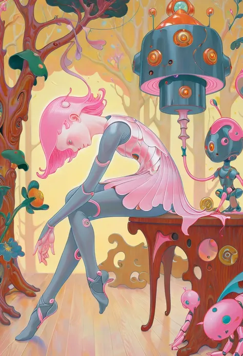 JamesJean; ethereal fantasy concept art of  surrealist art Inside a vibrant dance studio, a pink-haired robot finds solace in its surroundings. The artist has skillfully captured the essence of the studio with their unique style. The scene is set against a backdrop of lush woods, where the robot appears to be deep in thought. The attention to detail is truly remarkable, with every stroke meticulously placed. This image captures not just a moment, but tells a story about the intersection of art and technology. The use of color is particularly striking, with high contrast between the robot and its environment. The image is rendered in ultrafine detail, making it a . dreamlike, mysterious, provocative, symbolic, intricate, detailed . magnificent, celestial, ethereal, painterly, epic, majestic, magical, fantasy art, cover art, dreamy