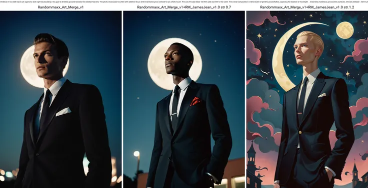 JamesJean; cinematic photo surrealist art A stylish man exudes confidence in his sleek black suit against a dark night sky backdrop. His gaze is directed upwards towards the celestial heavens. The photo showcases his attire with selective focus while maintaining low contrast for an artistic touch. The use of Kodak Ektar 100 film adds warmth to the scene. The overall composition is reminiscent of grindhouse aesthetics, capturing the essence of moonlight. . dreamlike, mysterious, provocative, symbolic, intricate, detailed . 35mm photograph, film, bokeh, professional, 4k, highly detailed