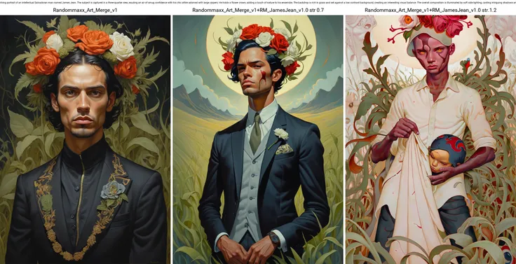 JamesJean; Illustration, Painting; horror-themed surrealist art In this captivating piece of art, we see the renowned artist RHADS and Conrad Roset collaborate on a striking portrait of an intellectual Salvadoran man named James Jean. The subject is captured in a three-quarter view, exuding an air of smug confidence with his chic attire adorned with large zippers. He holds a flower crown, adding a touch of nature to his ensemble. The backdrop is rich in grass and set against a low contrast background, creating an interesting visual balance. The overall composition is illuminated by soft side lighting, casting intriguing shadows and . dreamlike, mysterious, provocative, symbolic, intricate, detailed . eerie, unsettling, dark, spooky, suspenseful, grim, highly detailed
