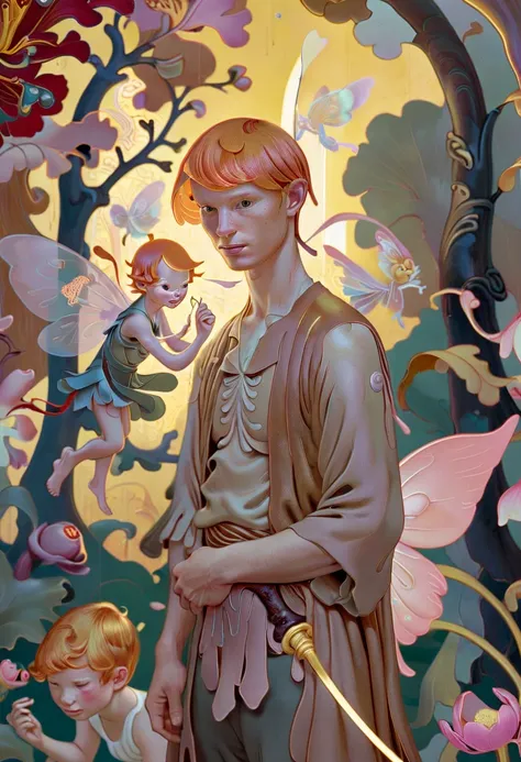 JamesJean; Illustration, Painting,cinematic photo surrealist art The artwork portrays a fairy tale scene featuring a middle-aged man with ginger hair styled as fringe. He is in midday sunlight, captured with Rembrandt lighting and an 80mm lens in an octane rendering style. The character appears to be laughing hysterically while holding his head with both hands in an S-shape pose. The background suggests a kingcore setting, possibly indicating royalty or power. The overall composition and attention to detail suggest a polished and professional digital artwork piece created by James Jean.  . dreamlike, mysterious, provocative, symbolic, intricate, detailed . 35mm photograph, film, bokeh, professional, 4k, highly detailed