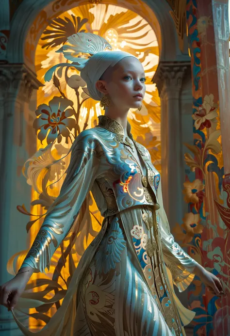 cinematic film still surrealist art digital art, British (jamesjean, illustration, painting:1.3) Dancing, Magical, =, wearing tunic, his tunic bling, Feminine Pose, Bindi, inside a Hagia Sophia, lush reeds and jungle, Hurricane, spotlit, F/1.8, painterly, A digital artwork capturing a moment of dance in a magical setting. The central figure, dressed in a feminine tunic that shimmers with light reflections, strikes an elegant pose against the backdrop of Hagia Sophia. The artist has skillfully used light and shadow to create depth and texture in the scene. The use of vivid colors brings the scene to life. The overall composition is striking and impressive. The background features lush reeds and jungle scenery under a tropical sky, providing a sense of serenity and tranquility. This artwork is a beautiful representation of human emotion and creativity. . dreamlike, mysterious, provocative, symbolic, intricate, detailed . shallow depth of field, vignette, highly detailed, high budget, bokeh, cinemascope, moody, epic, gorgeous, film grain, grainy