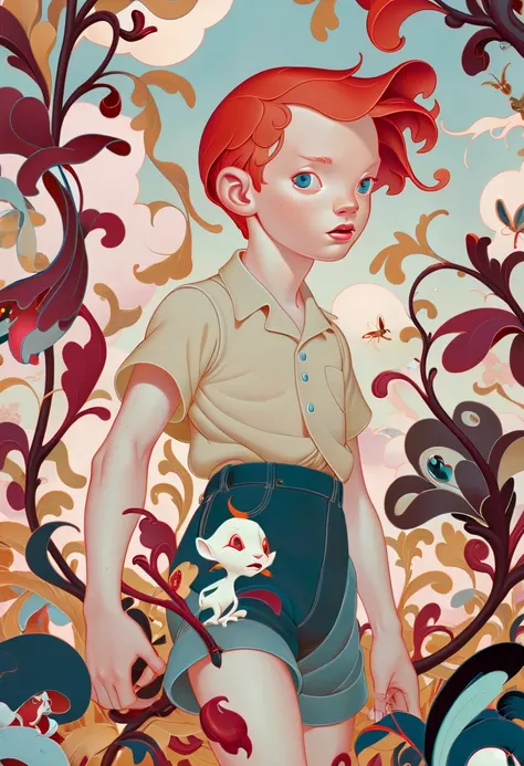 JamesJean; cinematic photo surrealist art A stylized depiction of (Classic Disney), a photograph of (James Jean of Temperance). The artwork is described as horrifying due to its subject matter, featuring a male character dressed in high-waisted shorts with red hair and crazy eyes. He strikes a masculine pose amidst crowded foliage while appearing confused. The steampunk art style is beautifully lit and rendered in sharp detail using a Canon R5 camera with an f/2.8 lens. Male assistant wearing high-waisted shorts. The image is highly detailed and vividly colored. Canon r5 camera used for . dreamlike, mysterious, provocative, symbolic, intricate, detailed . 35mm photograph, film, bokeh, professional, 4k, highly detailed