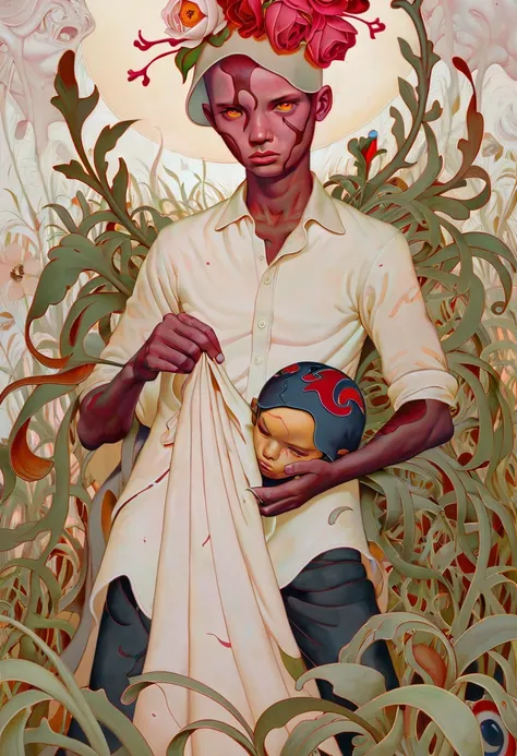 JamesJean; Illustration, Painting; horror-themed surrealist art In this captivating piece of art, we see the renowned artist RHADS and Conrad Roset collaborate on a striking portrait of an intellectual Salvadoran man named James Jean. The subject is captured in a three-quarter view, exuding an air of smug confidence with his chic attire adorned with large zippers. He holds a flower crown, adding a touch of nature to his ensemble. The backdrop is rich in grass and set against a low contrast background, creating an interesting visual balance. The overall composition is illuminated by soft side lighting, casting intriguing shadows and . dreamlike, mysterious, provocative, symbolic, intricate, detailed . eerie, unsettling, dark, spooky, suspenseful, grim, highly detailed