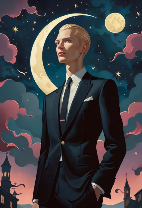 JamesJean; cinematic photo surrealist art A stylish man exudes confidence in his sleek black suit against a dark night sky backdrop. His gaze is directed upwards towards the celestial heavens. The photo showcases his attire with selective focus while maintaining low contrast for an artistic touch. The use of Kodak Ektar 100 film adds warmth to the scene. The overall composition is reminiscent of grindhouse aesthetics, capturing the essence of moonlight.  . dreamlike, mysterious, provocative, symbolic, intricate, detailed . 35mm photograph, film, bokeh, professional, 4k, highly detailed