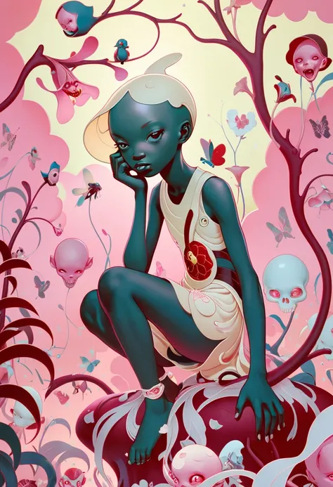 JamesJean; Illustration, Painting; horror-themed surrealist art Artist James Jean portrays an award-winning painting featuring a character with colored hair styled as bald lounging in a Neo-Tokyo setting. The artwork is a concept piece for Autochrome and was captured at f/8 with best quality. It is available on Unsplash and is considered a masterpiece in digital art.  . dreamlike, mysterious, provocative, symbolic, intricate, detailed . eerie, unsettling, dark, spooky, suspenseful, grim, highly detailed