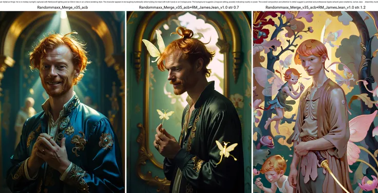 JamesJean; Illustration, Painting,cinematic photo surrealist art The artwork portrays a fairy tale scene featuring a middle-aged man with ginger hair styled as fringe. He is in midday sunlight, captured with Rembrandt lighting and an 80mm lens in an octane rendering style. The character appears to be laughing hysterically while holding his head with both hands in an S-shape pose. The background suggests a kingcore setting, possibly indicating royalty or power. The overall composition and attention to detail suggest a polished and professional digital artwork piece created by James Jean. . dreamlike, mysterious, provocative, symbolic, intricate, detailed . 35mm photograph, film, bokeh, professional, 4k, highly detailed
