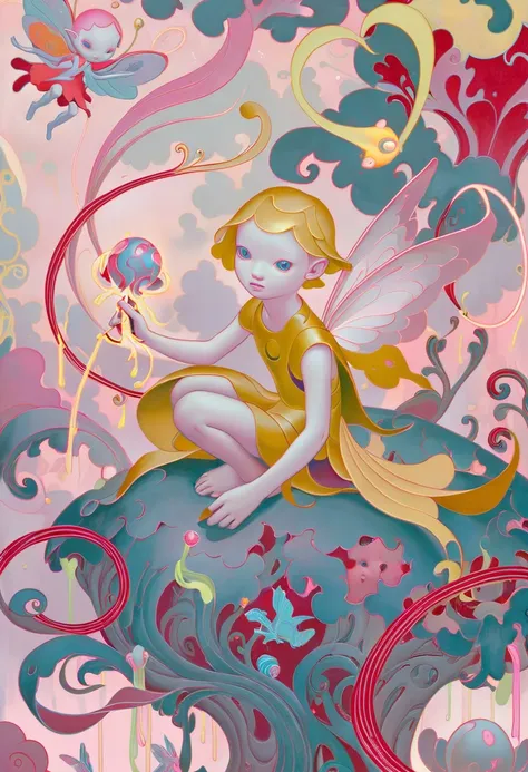 JamesJean; Illustration, Painting,breathtaking surrealist art Mythical jamesjean's (designed by Peter Jackson:0.7), fairy tale painting in 50mm style with luminous trails and light streaks. The artist's signature style is evident in the foggy and lonely atmosphere created through painterly techniques. This artwork is truly mesmerizing and captivating. The level of detail and precision in the brushstrokes is remarkable. It's a beautiful representation of a mythical world where dreams come true.  . dreamlike, mysterious, provocative, symbolic, intricate, detailed . award-winning, professional, highly detailed