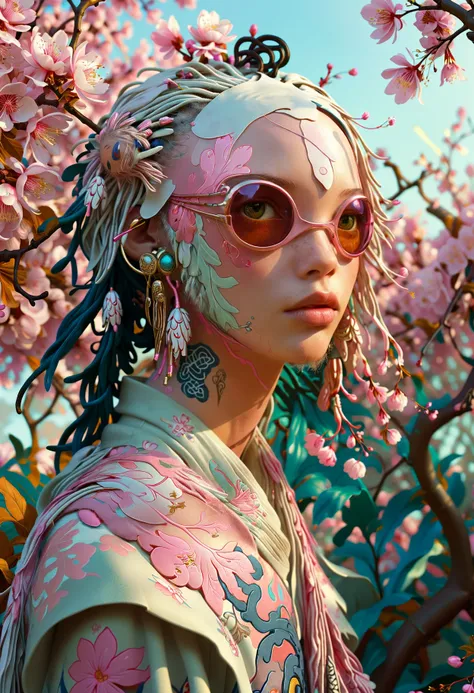 cinematic film still surrealist art digital art, foliage, award winning, Unconventional Mughal (jamesjean, illustration, painting:1.3) , =4, curious, in Chinos, Dreadlocks hairstyle, Israeli Wings, 1700'S Cybernetic Eye and Fur Scarf, Sun Rays, L USM, vibrant, cherry blossom pink paint splotches, adobe lightroom, expressive, This is an illustration of a unique character with unconventional features. The character has dreadlocks and wears an eye patch over one eye. They are wearing a fur scarf around their neck and have a cybernetic eye implanted in their head. The character appears to be in deep thought or contemplation. The background depicts a lush garden filled with cherry blossom trees under a bright sunny sky. This artwork has won numerous awards for its artistic merit and creativity. It was created using Adobe Lightroom and showcases the artist's skillful use of color and texture to bring the . dreamlike, mysterious, provocative, symbolic, intricate, detailed . shallow depth of field, vignette, highly detailed, high budget, bokeh, cinemascope, moody, epic, gorgeous, film grain, grainy