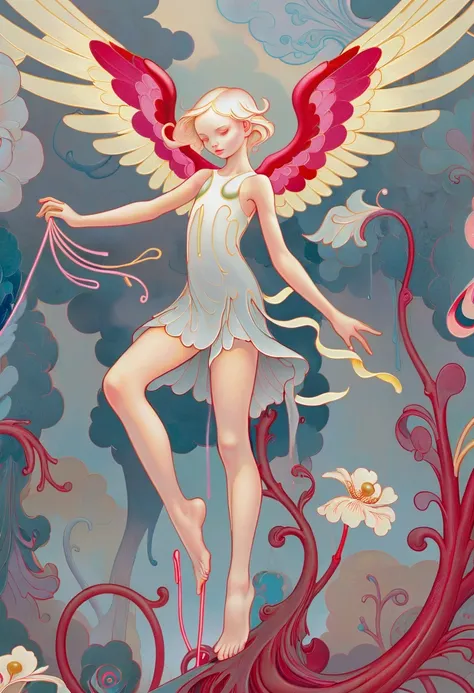 JamesJean; Illustration, Painting,breathtaking surrealist art A stylized artwork captures a tall angel in a stretching pose within foggy conditions at a panoramic viewpoint. The artist Dan Mumford has skillfully created this piece using digital art techniques. The assistant Brian Kesinger contributes by providing 1.3 of his expertise in the form of tattoos inspired by James Jean's illustrations. The angel's long legs contrast against its tall stature while its hair adds a touch of natural beauty to the scene. The Prussian background complements the cold lighting that illuminates the image. This unique blend of elements results in an immersive visual . dreamlike, mysterious, provocative, symbolic, intricate, detailed . award-winning, professional, highly detailed