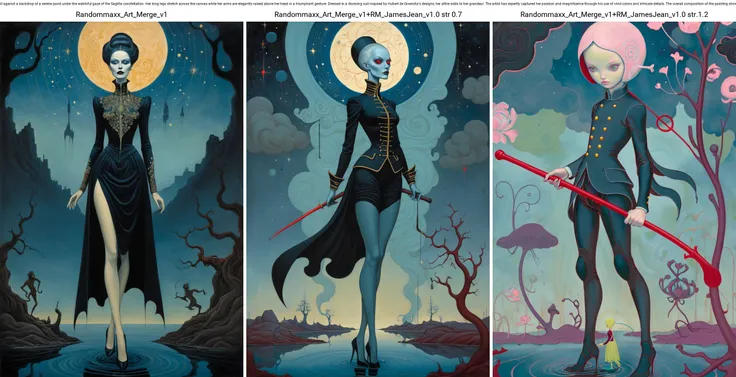 JamesJean; Illustration, Painting; horror-themed surrealist art "Passionate Siege Engineer" - A female character in a painting by John Kenn Mortensen. She stands tall against a backdrop of a serene pond under the watchful gaze of the Sagitta constellation. Her long legs stretch across the canvas while her arms are elegantly raised above her head in a triumphant gesture. Dressed in a stunning suit inspired by Hubert de Givenchy's designs, her attire adds to her grandeur. The artist has expertly captured her passion and magnificence through his use of vivid colors and intricate details. The overall composition of the painting show . dreamlike, mysterious, provocative, symbolic, intricate, detailed . eerie, unsettling, dark, spooky, suspenseful, grim, highly detailed
