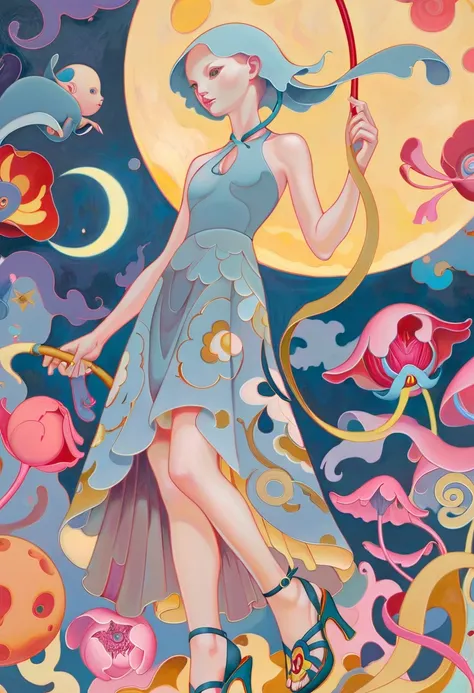 JamesJean; Illustration, Painting; ethereal fantasy concept art of  surrealist art A vibrant painting of James Jean's illustration of a woman in a Halter dress and wedges. The artwork is richly detailed, featuring a lettering-style title that reads 'Visionary Keychain'. The background showcases a full moon against a starry night sky. The artist's signature is visible at the bottom right corner of the painting. This piece is part of Ross Draws' collection and is highly recommended for art enthusiasts. The painting exhibits broad lighting and is saturated with bold colors, creating an amusing yet captivating visual experience.  . dreamlike, mysterious, provocative, symbolic, intricate, detailed . magnificent, celestial, ethereal, painterly, epic, majestic, magical, fantasy art, cover art, dreamy