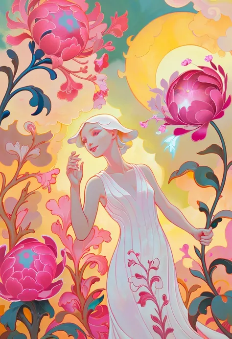 JamesJean; ethereal fantasy concept art of  surrealist art A woman in a white dress is standing next to a pink flower bush. The sun is shining brightly in the sky above her. She appears to be laughing as she looks up at the blooming flowers. The background is filled with lush green trees and bushes. The overall atmosphere of the image is cheerful and vibrant. The artist has skillfully used bright colors and bold brushstrokes to capture the essence of a beautiful summer day.  . dreamlike, mysterious, provocative, symbolic, intricate, detailed . magnificent, celestial, ethereal, painterly, epic, majestic, magical, fantasy art, cover art, dreamy