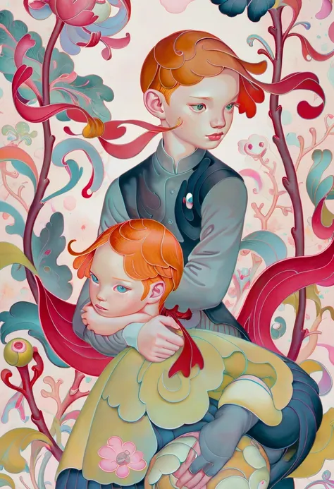 JamesJean; Illustration, Painting,breathtaking surrealist art A regal portrait of JamesJean's character, rendered in vibrant watercolors. The subject, a young man with striking ginger hair, sports a stylish handlebar mustache and dons a cozy midi skirt paired with a blouse. His face is etched with an expression of bewilderment as he gazes into the distance. The artwork is set against a plain white backdrop, allowing the viewer to focus solely on the intricate details of JamesJean's illustration. A soft bokeh effect adds depth to the scene while the dynamic use of watercolor paints . dreamlike, mysterious, provocative, symbolic, intricate, detailed . award-winning, professional, highly detailed