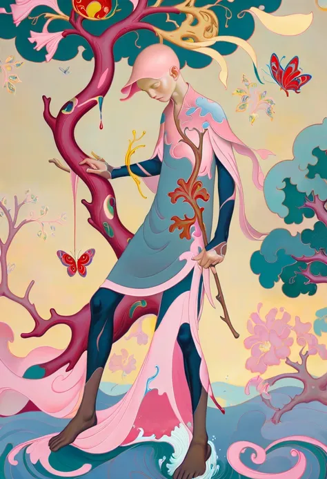 JamesJean; ethereal fantasy concept art of  surrealist art The painting is a captivating scene of a majestic thin Chilean man, James Jean, exuding confidence with his lips firmly pressed together. He is adorned in an otherworldly tunic crafted by Rolex, adding an air of sophistication to his appearance. The backdrop features an oak tree standing tall against a serene lake under a setting sun. The artist has skillfully employed an f/2.8 lens to capture this breathtaking moment in time, creating a stunning piece of art that beautifully encapsulates the essence of the subject.  . dreamlike, mysterious, provocative, symbolic, intricate, detailed . magnificent, celestial, ethereal, painterly, epic, majestic, magical, fantasy art, cover art, dreamy