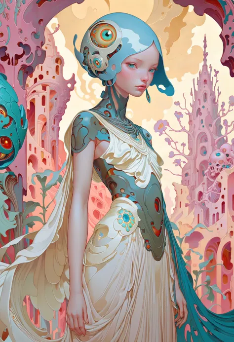 ethereal fantasy concept art of  surrealist art (by Johannes Vermeer:0.8) and Alphonse Mucha, painting, 1950'S jamesjean, illustration, painting, wearing Gala dress, Arcane Cybernetic Eye, inside The Lost City of Zerzura, deep focus, Kodak portra, matte, close-up, Johannes Vermeer's iconic painting "The Milkmaid" is beautifully recreated through James Jean's illustration. The central figure, a woman in a stunning Gala dress adorned with an Arcane Cybernetic Eye, stands out against the backdrop of The Lost City of Zerzura. The deep focus technique used in capturing this scene creates a sense of depth and realism. Shot in vivid detail using Kodak Portra 400 film stock and a matte finish, the image exudes a soft glow that adds to its mystique. A . dreamlike, mysterious, provocative, symbolic, intricate, detailed . magnificent, celestial, ethereal, painterly, epic, majestic, magical, fantasy art, cover art, dreamy