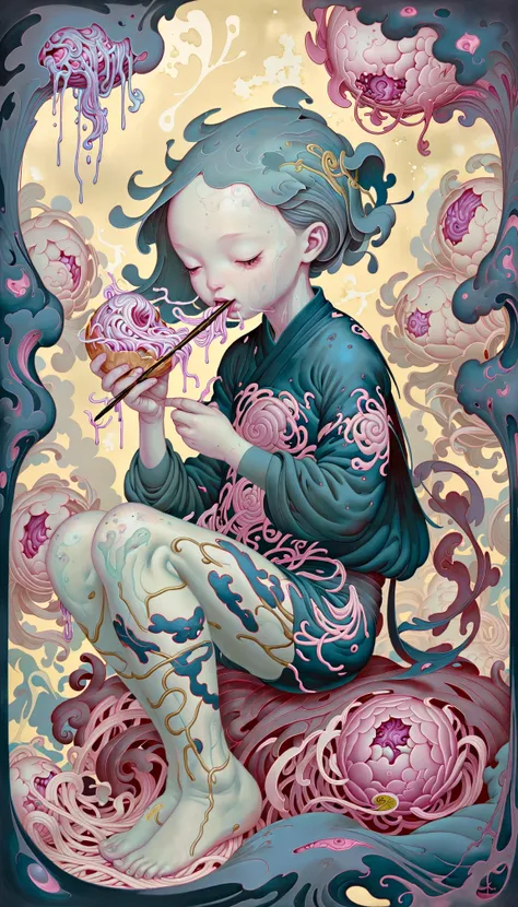 horror-themed surrealist art Shameful, Oversaturated, glittering, key light, Peaceful, Albumen, expressive brush strokes, Organic Snug well-built Serbian (jamesjean, illustration, painting:1.3) , she is eating slaw as a Witcher, she is wearing her Deafening Expressionism fashion style Baggy Clothes, she has Han Dynasty hair, Hopeless, Single Color, overly complex style, Amusing, Dark hue, Gray dust particles, Relieving, CMYK Colors, biomorphic forms, Confused, Autochrome, Kintsugi, Disgusting, Polychromatic, sgraffito, Happy, One Color, bloom, Relaxed, complementary colors, sfumato, Chibi Anime, Flustered, Pastel Colors, Sagittarius constellation, Suffering, Calotype, Simplified style, A captivating piece of art captures our attention. The key light illuminates a woman in a serene setting. Her expressive brush strokes create an organic snug atmosphere. She is elegantly dressed in baggy clothes reminiscent of her deafening expressionism fashion style. Her hair is styled in a han dynasty manner while her single color outfit adds a touch of simplicity to her overall appearance. A dark hue fills the background with gray dust particles floating around. The artist uses complementary colors for the sgraffito technique creating a harmonious blend of polychromatic forms. Despite the . dreamlike, mysterious, provocative, symbolic, intricate, detailed . eerie, unsettling, dark, spooky, suspenseful, grim, highly detailed