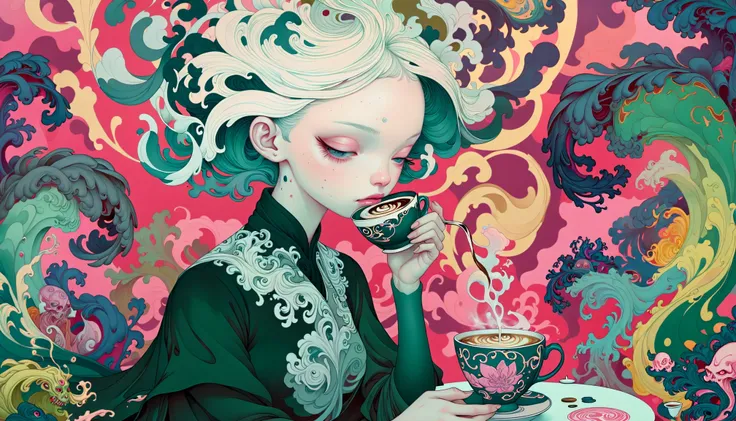 horror-themed surrealist art Frightening, Colorful, Swirling Moss, Relaxed, Gradient and dark white hue, Decoupage, Zen, CMYK Colors, Ebru, Anime, Noble Vibrant heavyset Japanese (jamesjean, illustration, painting:1.3) Empress, she is wearing plain clothing, glasses, nerdy, geeky, drinking a coffee in a small cafe, chill, messy hair, she is wearing her Victorian clothing, The Victorian clothing is tailored by John Galliano and Gareth Pugh, she has Side-swept curls hair, Regret, Kodachrome, Mandala, Romantic, Kodak portra, surreal design, Gloompunk, Energetic, Offset print, Kintsugi, A frighteningly colorful swirling moss scene relaxes with a gradient and dark white hue. A decoupage zen moment unfolds in vivid CMYK colors against a romantic mandala backdrop. The anime-inspired empress wears a noble vibrant heavyset Japanese jamesjean illustration painting. Her nerdy side peeks through as she drinks coffee from a small cafe amidst her messy hair. Her Victorian clothing tailored by John Galliano and Gareth Pugh adds a touch of regality. She gazes off into space with sadness in her eyes. . dreamlike, mysterious, provocative, symbolic, intricate, detailed . eerie, unsettling, dark, spooky, suspenseful, grim, highly detailed