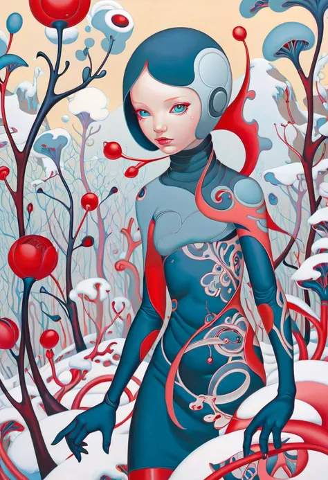 JamesJean, Illustration, Painting; surrealist art futuristic style Intricate modern ink painting. Artist showcases winter in Europe through detailed illustration. The scene captures the essence of winter in Europe with its attention to detail and use of color. The artwork is a true masterpiece that captures the viewer's attention from start to finish. It's a perfect piece for those who appreciate fine art and love winter landscapes. This painting will make a beautiful addition to any home or office space. Don't miss out on this stunning piece!  . sleek, modern, ultramodern, high tech, detailed . dreamlike, mysterious, provocative, symbolic, intricate, detailed