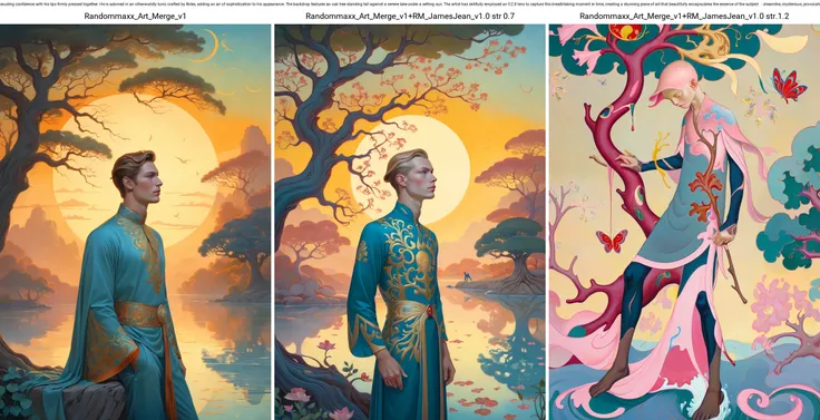 JamesJean; ethereal fantasy concept art of surrealist art The painting is a captivating scene of a majestic thin Chilean man, James Jean, exuding confidence with his lips firmly pressed together. He is adorned in an otherworldly tunic crafted by Rolex, adding an air of sophistication to his appearance. The backdrop features an oak tree standing tall against a serene lake under a setting sun. The artist has skillfully employed an f/2.8 lens to capture this breathtaking moment in time, creating a stunning piece of art that beautifully encapsulates the essence of the subject. . dreamlike, mysterious, provocative, symbolic, intricate, detailed . magnificent, celestial, ethereal, painterly, epic, majestic, magical, fantasy art, cover art, dreamy