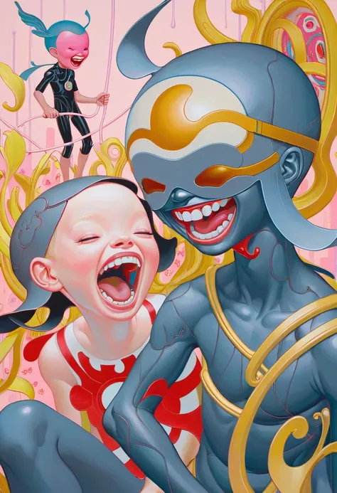 JamesJean, Illustration, Painting; surrealist art futuristic style "Epic Algerian James Jean's stylized painting captures a moment where Bob with bangs hairstyle is seen laughing hysterically at a sculpture of Goth Blindfold. The artwork is set in a fantastical realm of Tamriel during spring, evoking feelings of grimness and fairy kei fashion sense." . sleek, modern, ultramodern, high tech, detailed . dreamlike, mysterious, provocative, symbolic, intricate, detailed