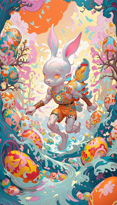 anime artwork manga style (designed by Erin Hanson:0.8) and (Simon Prades:0.9) and (Alessandro Barbucci:1.3) , painting, intricate details, full body shot of a Epic Floating buff Cottagecore (jamesjean, illustration, painting, easter bunny and eggs of Heaven:1.3) , he is Horn skin, =7, he is in awe, he is Composing music, he has Voluptuous lips and Rectangular shaped face, he is wearing his Digital Age Dirac, The Dirac is Orange, he has Vintage hair, he has a Cruel Peruvian Black Pins, Hesitant Angelic Halo, contrasting colors woods and dungeon, Foggy, tilt shift, Satisfying, Vaporpunk, Direct light, pinhole lens, Instax, vintage, Paint splotches, photo-realistic face, skin pores, award winning, wallpaper, cartoon, An epic floating buff cottagecore figure. Intricate details showcase his digital age dirac outfit. His horned skin and voluptuous lips contrast with his rectangular shaped face. He gazes in wonder at the surrounding woods and dungeon under a foggy sky. A tilt-shift effect adds depth to the scene. With his cruel Peruvian black pins and angelic halo glowing brightly against the vibrant colors of his orange dirac suit. This masterpiece captures a moment of tranquility amidst chaos. It's a vapor punk fantasy come to life through the lens of a . vibrant, high-energy, detailed, iconic, Japanese comic style . anime style, key visual, vibrant, studio anime, highly detailed