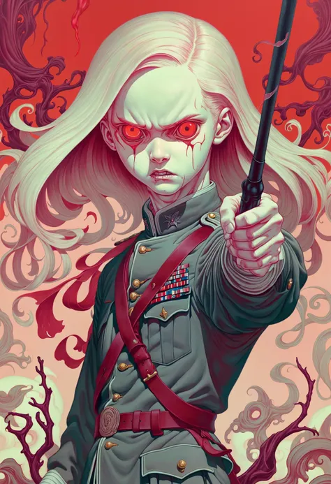 horror-themed surrealist art Horror, Velvia, Anime tall jamesjean, illustration, painting, Staff Sergeant, Pointing at you, Long flowy hairstyle, Monochromatic Crimson filter, A horror-themed anime illustration in the style of Velvia. A tall male character with long flowing hair is depicted using a monochromatic crimson filter effect. The character is wearing a Staff Sergeant uniform and is pointing directly at the viewer. The background is minimalistic but adds to the overall eerie atmosphere. This artwork showcases an impressive level of detail and artistic skill.  . dreamlike, mysterious, provocative, symbolic, intricate, detailed . eerie, unsettling, dark, spooky, suspenseful, grim, highly detailed