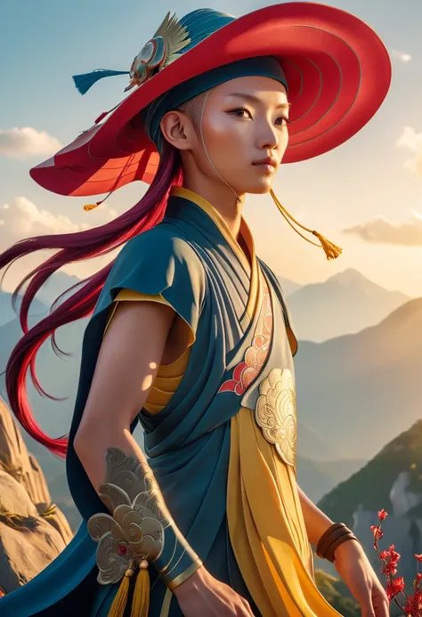 JamesJean; cinematic photo cinematic film still Inspired by James Jean's artwork, this captivating image transports us back to the 1900s where Tang Dynasty Technomancers roamed the land. The main subject of this masterpiece is a technomancer dressed in a vibrant Warlike outfit. His attire is meticulously detailed with bits of Chiffon and contrasting colors that pop against his multicolored hair. He sports a stylish sun hat and stands confidently on a mountain peak under the radiant glow of the sun in the sky. The background is filled with bokeh, creating a dream . shallow depth of field, vignette, highly detailed, high budget, bokeh, cinemascope, moody, epic, gorgeous, film grain, grainy . 35mm photograph, film, bokeh, professional, 4k, highly detailed