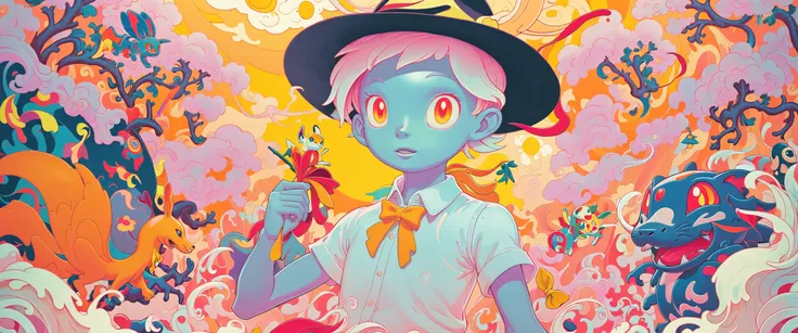 anime artwork surrealist art Hopeful, Oversaturated, Instagram, Joyful, Vibrant Color, Diorama, Romantic, Agfacolor, dreamy magical atmosphere, Lustful, complementary colors, electric orange outlines, Amusing, anaglyph effect, Complex background, Draconian Dynamic lanky Contemporary (jamesjean, illustration, painting:1.3) Tourist, he is cosplaying as Tails, he is dressed in his Ghostly Fedora, The Fedora is inspired by the How I Met Your Mother series and Animal Crossing game, has a tiny Yellow bows, his hair is Good and styled as Slicked-back, Cozy, Desaturated, intricate, Sun Rays, Light and Bright, Monochrome, taiji, Grim, Dark hue, expressive brush strokes, Guilty, Primary Colors, Film grain, A hopeful tourist takes center stage in this vibrant diorama. He's donned in a lustful fedora hat inspired by both the How I Met Your Mother series and Animal Crossing game. His outfit is completed with a tiny yellow bow tie perched atop his slicked-back hairstyle. The scene unfolds under an array of expressive brushstrokes and sun rays filtering through an electric orange outline. The backdrop is complex with hints of a monochrome palette adorned with dark hues. Despite its grim appearance, the artwork exudes a joyful . dreamlike, mysterious, provocative, symbolic, intricate, detailed . anime style, key visual, vibrant, studio anime, highly detailed