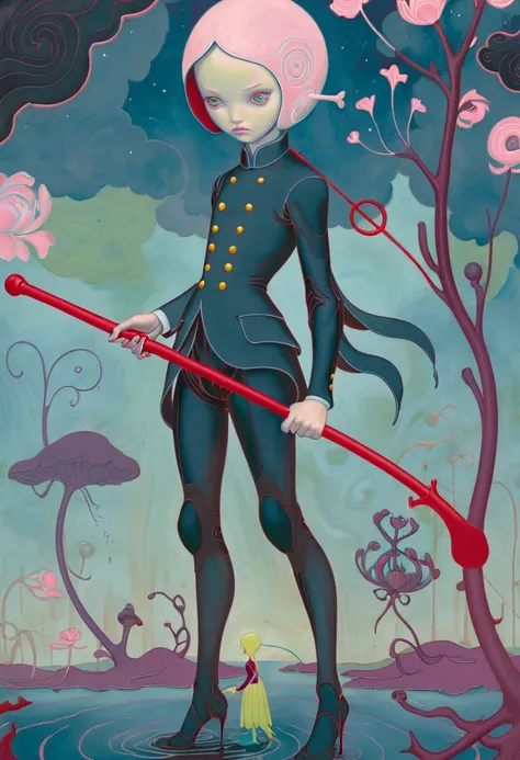 JamesJean; Illustration, Painting; horror-themed surrealist art "Passionate Siege Engineer" - A female character in a painting by John Kenn Mortensen. She stands tall against a backdrop of a serene pond under the watchful gaze of the Sagitta constellation. Her long legs stretch across the canvas while her arms are elegantly raised above her head in a triumphant gesture. Dressed in a stunning suit inspired by Hubert de Givenchy's designs, her attire adds to her grandeur. The artist has expertly captured her passion and magnificence through his use of vivid colors and intricate details. The overall composition of the painting show . dreamlike, mysterious, provocative, symbolic, intricate, detailed . eerie, unsettling, dark, spooky, suspenseful, grim, highly detailed