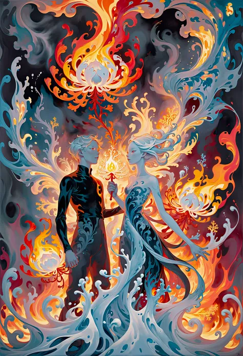 niji, jamesjean, illustration, surrealist art abstract expressionist painting smoke style, dissolve, swirling, cloudy, smoke, fire and ice,  fire flowers, ice flowers, blooming, bare skin, a man and woman engulfed in love , Smoke billows from a roaring bonfire, its flames dancing with fiery red sparks. The smoke twirls around in intricate patterns before dissipating into thin wisps. Atop this fiery spectacle rests a delicate snowflake-shaped ice sculpture, its surface shimmering under the flickering light of the fire. A couple stands close together near the edge of this mesmerizing display, their bodies radiating warmth despite being surrounded by coldness. Their faces are hidden, but one can imagine their expressions reflecting the beauty of nature's duality - fire and ice. The . energetic brushwork, bold colors, abstract forms, expressive, emotional . dreamlike, mysterious, provocative, symbolic, intricate, detailed