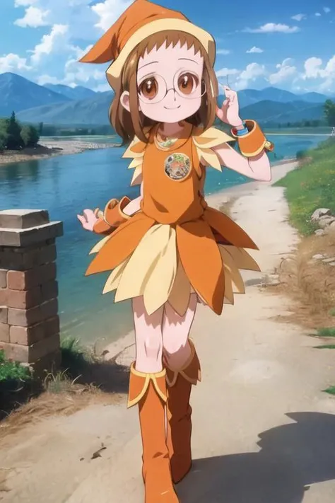 ojfjwrhzkmgc, glasses, smile, standing, full body, mountain, river  <lora:fujiwara-hazuki-witch-000005:1>