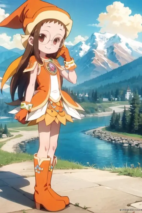 ojfjwrhzkmgc, glasses, smile, standing, full body, mountain, river  <lora:fujiwara-hazuki-witch-000005:1>