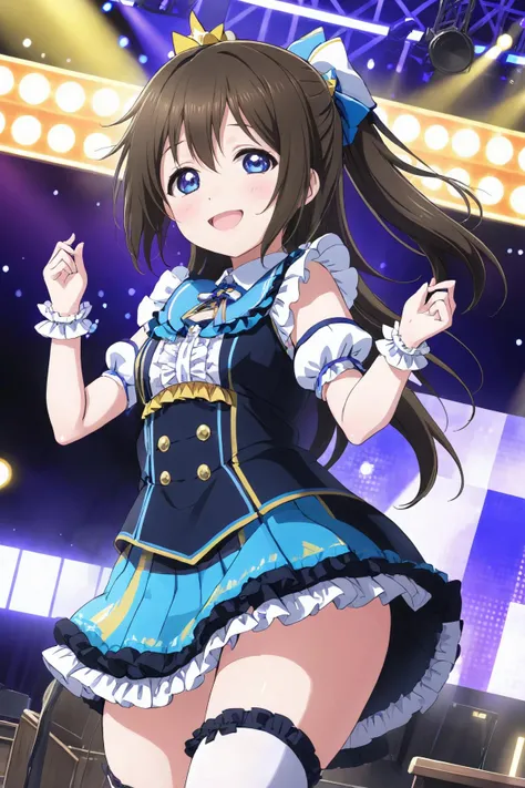(best quality),((masterpiece)),(highres),extremely detailed 8K wallpaper, 1girl, solo, standing, smile, on the stage, singging, miniskirt, thighhighs, idol costume, puffy sleeves, frilled dress, Osaka Shizuku <lora:Osaka Shizuku XL V1-000009:0.6>