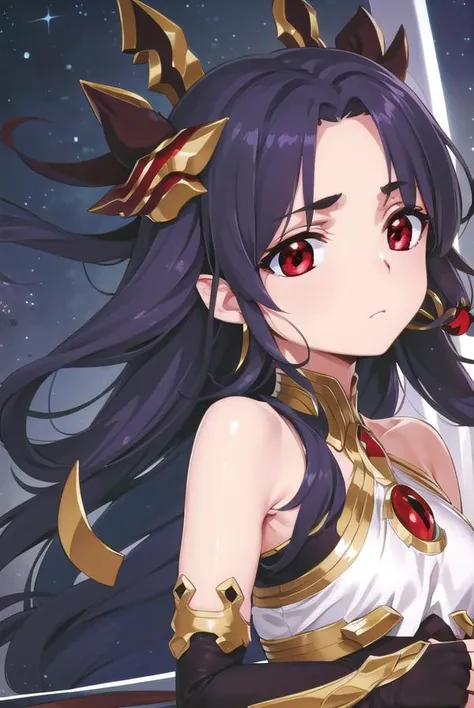 ishtar, <lyco:ishtaryd-lyco-nochekaiser:1>,
ishtar yd, ahoge, black bow, bow, black hair, earrings, hair bow, hair ornament, jewelry, long hair, (red eyes:1.5), (parted bangs:1.5), (small breast:1.2),
BREAK bare shoulders, elbow gloves, fingerless gloves, gloves, long sleeves, revealing clothes, single elbow glove, thighs,
BREAK outdoors, space, star \(sky\), sky,
BREAK looking at viewer, cowboy shot,
BREAK <lyco:GoodHands-beta2:1>, (masterpiece:1.2), best quality, high resolution, unity 8k wallpaper, (illustration:0.8), (beautiful detailed eyes:1.6), extremely detailed face, perfect lighting, extremely detailed CG, (perfect hands, perfect anatomy),